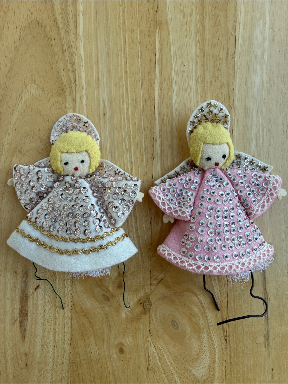 Set of 2 Angel ornaments. Vintage handmade felt sequins beads embroidered